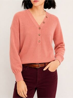 LOFT Coral Striped Henley Sweater – Size M | NWT